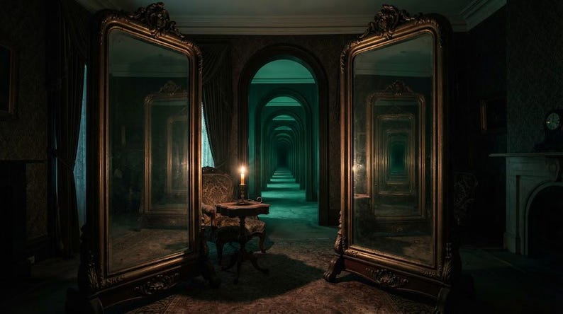 May include: Two large, ornate, floor-standing mirrors with dark wood frames are positioned facing each other, creating an infinite tunnel effect. Between them sits a small wooden table with a single lit candle, reflecting into the mirrors.