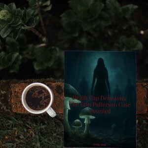 May include: A book titled Death Cap Delusions: The Erin Patterson Case Unveiled by Philip Way, featuring a dark forest cover with mushrooms and silhouettes, placed next to a white ceramic mug filled with dark coffee on a brick surface.