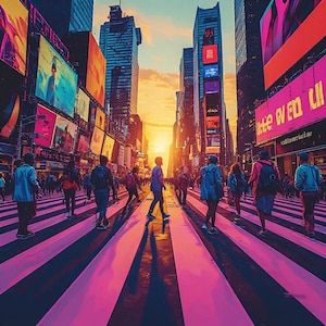May include: An artistic depiction of a bustling city street at sunset. People walk across a pink and black crosswalk, surrounded by towering buildings with bright billboards. The sky is a warm blend of orange and yellow.
