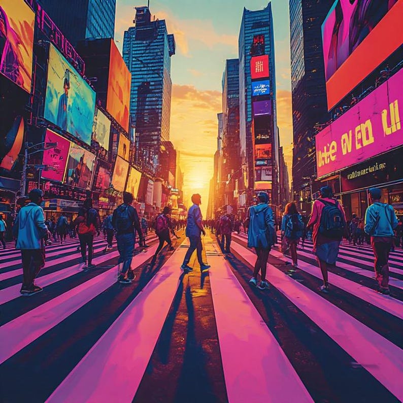 May include: An artistic depiction of a bustling city street at sunset. People walk across a pink and black crosswalk, surrounded by towering buildings with bright billboards. The sky is a warm blend of orange and yellow.