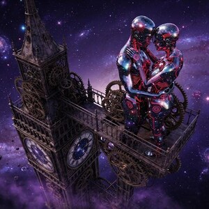 May include: Two metallic, chrome-finished humanoid figures with glowing red internal circuitry embrace on a platform attached to a dark, ornate clock tower. The scene is set against a vast, deep purple nebula filled with distant stars and planets.