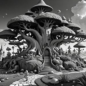 K&ouml;nnte beinhalten: Eine Schwarzwei&szlig;illustration eines skurrilen Fantasy-Dorfes mit einem gro&szlig;en Baumhaus in der Mitte. Das Baumhaus hat eine T&uuml;r und Stufen, die nach oben f&uuml;hren. Das Dorf ist von Pilzen und anderen B&auml;umen umgeben.