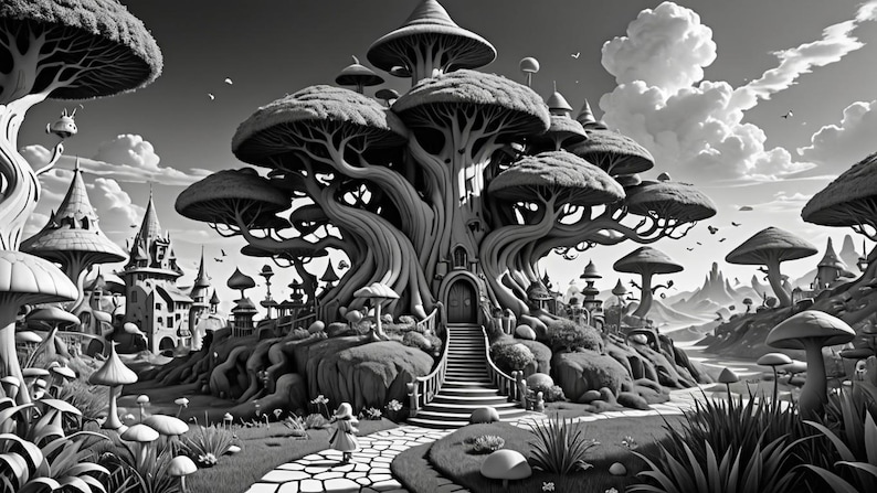 K&ouml;nnte beinhalten: Eine Schwarzwei&szlig;illustration eines skurrilen Fantasy-Dorfes mit einem gro&szlig;en Baumhaus in der Mitte. Das Baumhaus hat eine T&uuml;r und Stufen, die nach oben f&uuml;hren. Das Dorf ist von Pilzen und anderen B&auml;umen umgeben.
