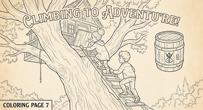 Puede incluir: Una p&aacute;gina para colorear en blanco y negro titulada CLIMBING TO ADVENTURE! que muestra a dos ni&ntilde;os subiendo una escalera hacia una casa del &aacute;rbol. A la derecha hay un barril de madera con un s&iacute;mbolo. Abajo a la izquierda dice COLORING PAGE 7.