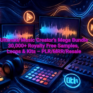 Puede incluir: Ilustración digital de equipos de producción musical, incluyendo un teclado, pads de batería y auriculares. La imagen tiene un esquema de color neón con el texto "Ultimate Music Creator's Mega Bundle" y "30,000+ Royalty Free Samples, Loops & Kits".