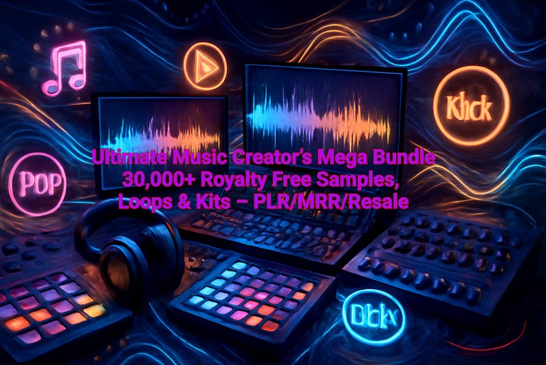 May include: A digital music production setup featuring two computer monitors displaying colorful audio waveforms, a MIDI controller with glowing pads, and headphones. Text reads: Ultimate Music Creator's Mega Bundle 30,000+ Royalty Free Samples, Loops & Kits &ndash; PLR/MRR/Resale.