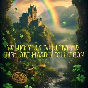 Op de afbeelding: Digitale kunst met een kasteel onder een regenboog, in een weelderig groen landschap met een waterval. De afbeelding bevat de tekst "77 LUCKY 16K 3D ULTRA HD IRISH ART MASTER COLLECTION" en "COPYCAT MONEY MACHINE". Gouden munten en klavers zijn verspreid.