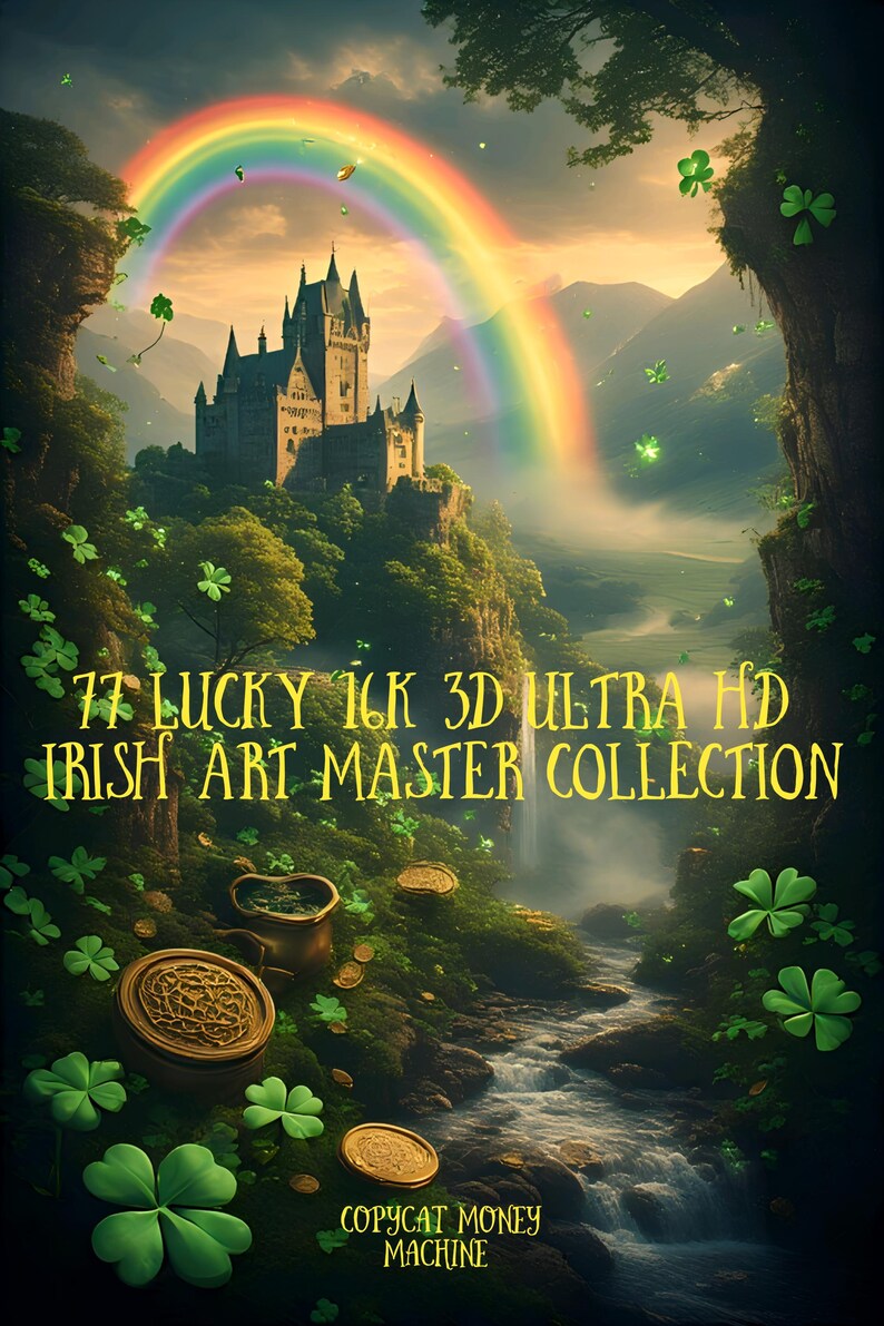 Puede incluir: Ilustraci&oacute;n digital de un castillo bajo un arco&iacute;ris, en un paisaje verde con una cascada. El texto "77 LUCKY 16K 3D ULTRA HD IRISH ART MASTER COLLECTION" y "COPYCAT MONEY MACHINE" est&aacute; presente. Monedas de oro y tr&eacute;boles dispersos.
