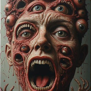 Puede incluir: Una obra de arte inquietante y surrealista que representa un rostro humano gritando. La cara est&aacute; cubierta de m&uacute;ltiples ojos y bocas, con carne expuesta y una apariencia grotesca. La paleta de colores est&aacute; dominada por rojos y marrones, creando un efecto horripilante.