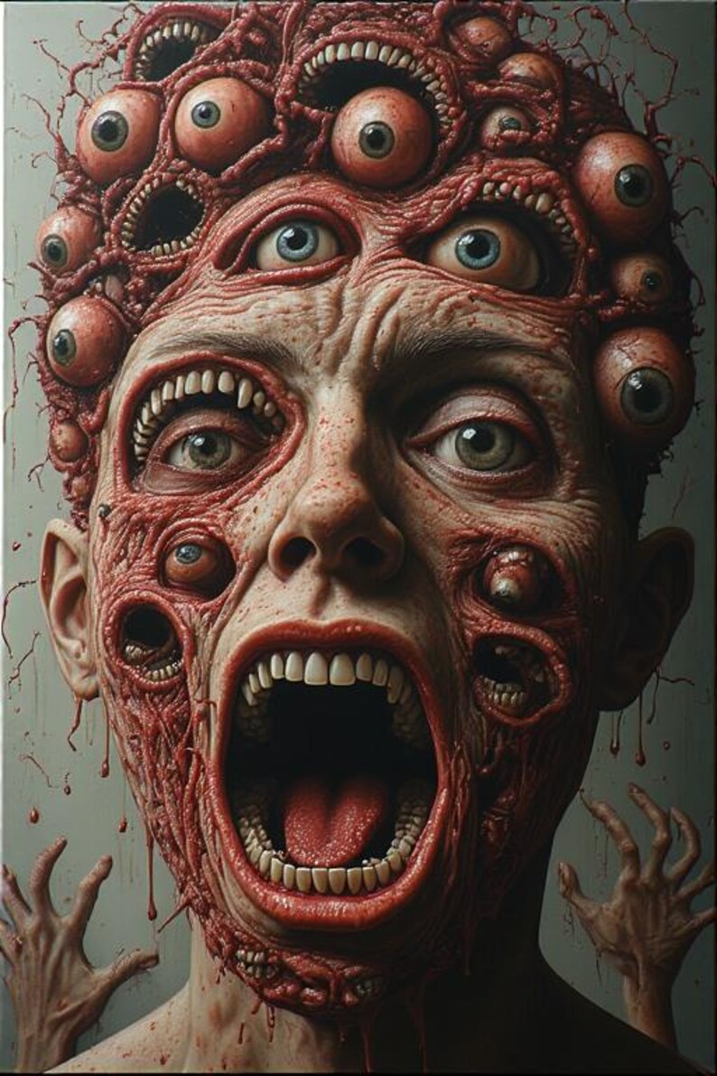 Puede incluir: Una obra de arte inquietante y surrealista que representa un rostro humano gritando. La cara est&aacute; cubierta de m&uacute;ltiples ojos y bocas, con carne expuesta y una apariencia grotesca. La paleta de colores est&aacute; dominada por rojos y marrones, creando un efecto horripilante.