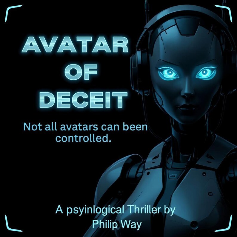 Op de afbeelding: Digitale kunst met een futuristische vrouwelijke andro&iuml;de met gloeiende blauwe ogen en een headset. De tekst "AVATAR OF DECEIT" wordt weergegeven in een gloeiend blauw lettertype, samen met de slogan "Not all avatars can be controlled." De auteur is Philip Way.