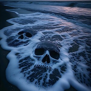 May include: A dark, moody beach scene with two skull shapes emerging from foamy waves. The sky is overcast with a hint of sunset colors. The overall tone is somber and evocative.