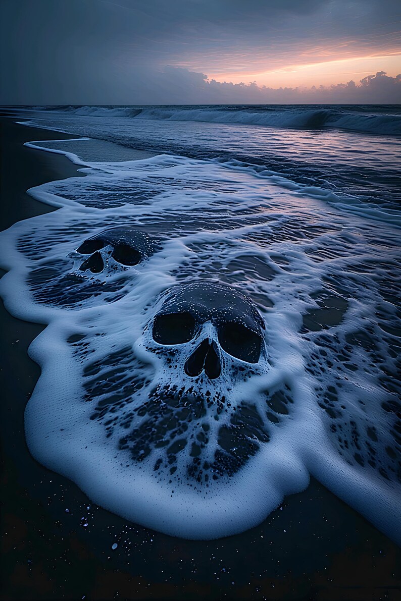 May include: A dark, moody beach scene with two skull shapes emerging from foamy waves. The sky is overcast with a hint of sunset colors. The overall tone is somber and evocative.
