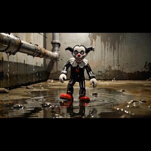 Op de afbeelding: Een clownfiguur met een wit gezicht, zwarte haarlokken en een rode neus. Het draagt een zwart-wit gestreepte outfit met een witte kanten kraag en rode schoenen. Het figuur staat in een donkere, natte omgeving met metalen leidingen.