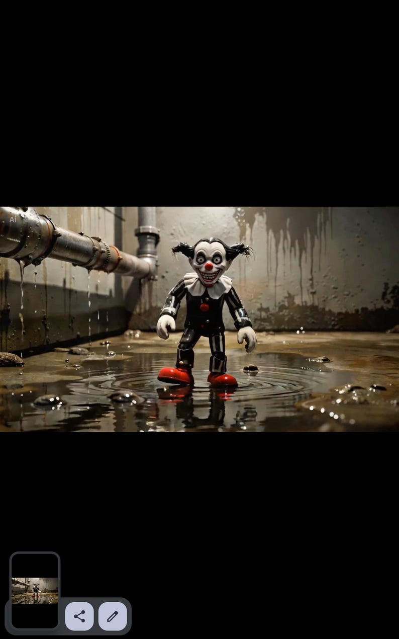 Op de afbeelding: Een clownfiguur met een wit gezicht, zwarte haarlokken en een rode neus. Het draagt een zwart-wit gestreepte outfit met een witte kanten kraag en rode schoenen. Het figuur staat in een donkere, natte omgeving met metalen leidingen.