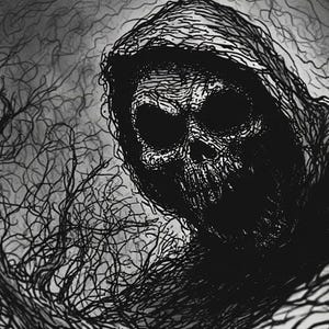 May include: A monochrome illustration depicting a hooded figure with a skull-like face. The image uses intricate linework to create a gothic and eerie atmosphere. Bare tree branches are visible in the background.