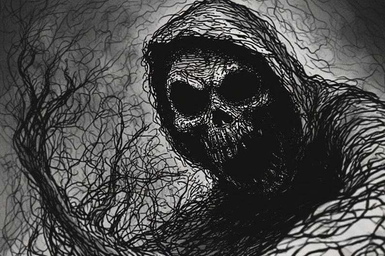 May include: A monochrome illustration depicting a hooded figure with a skull-like face. The image uses intricate linework to create a gothic and eerie atmosphere. Bare tree branches are visible in the background.