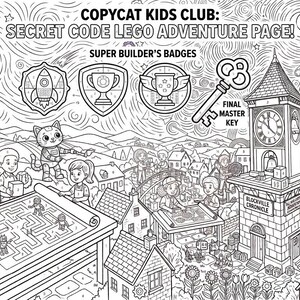 Puede incluir: Una p&aacute;gina para colorear en blanco y negro titulada COPYCAT KIDS CLUB: SECRET CODE LEGO ADVENTURE PAGE! que muestra una escena urbana con ni&ntilde;os, una torre de reloj, un laberinto, una br&uacute;jula, una llave y emblemas con texto.