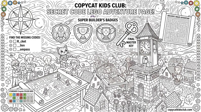 Puede incluir: Una p&aacute;gina para colorear en blanco y negro titulada COPYCAT KIDS CLUB: SECRET CODE LEGO ADVENTURE PAGE! que muestra una escena urbana con ni&ntilde;os, una torre de reloj, un laberinto, una br&uacute;jula, una llave y emblemas con texto.