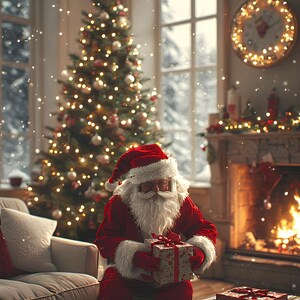May include: A festive Christmas scene featuring Santa Claus holding a wrapped gift. A decorated Christmas tree, a fireplace, and a plate of cookies are visible. The room is decorated with lights and snow is falling outside the window.