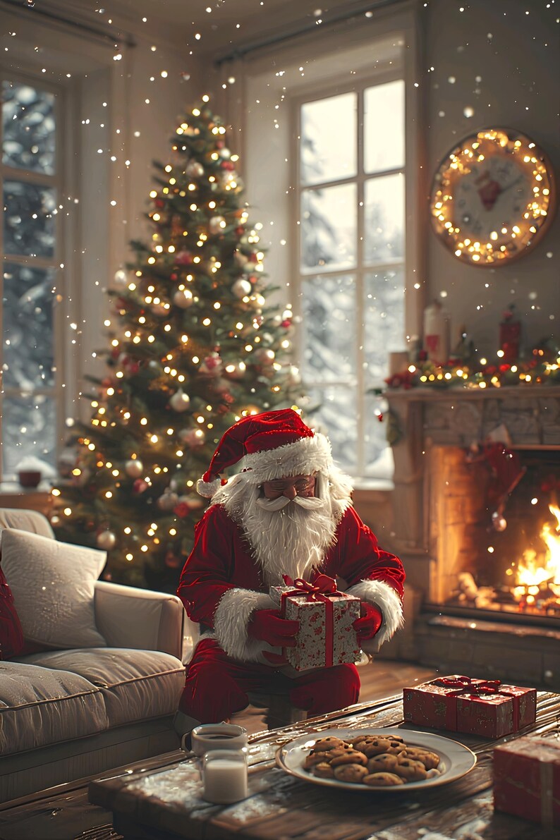 May include: A festive Christmas scene featuring Santa Claus holding a wrapped gift. A decorated Christmas tree, a fireplace, and a plate of cookies are visible. The room is decorated with lights and snow is falling outside the window.