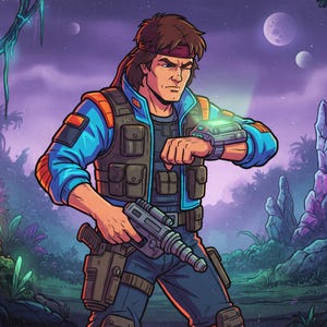 Peut inclure: Une illustration de dessin anim&eacute; repr&eacute;sentant un personnage en veste bleue et gilet tactique, tenant un pistolet futuriste et portant un appareil au poignet. Le texte indique SPACE SCOUT REX et EP. 7 / SC. 4A. Le fond montre une jungle extraterrestre.