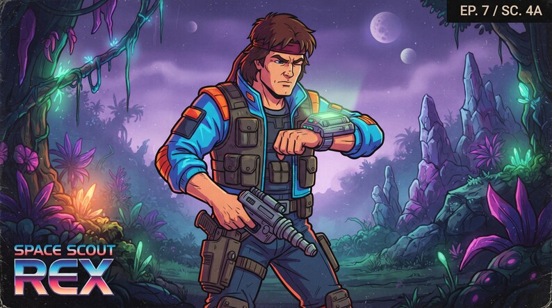 Peut inclure: Une illustration de dessin anim&eacute; repr&eacute;sentant un personnage en veste bleue et gilet tactique, tenant un pistolet futuriste et portant un appareil au poignet. Le texte indique SPACE SCOUT REX et EP. 7 / SC. 4A. Le fond montre une jungle extraterrestre.