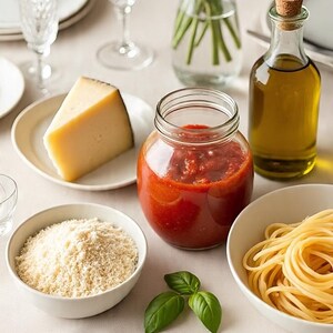May include: A table setting featuring a glass jar of red tomato sauce, a bowl of cooked spaghetti, a bowl of grated cheese, a wedge of hard cheese, a glass bottle of olive oil, and a vase with red and pink roses, with text reading Erav aneinauna.