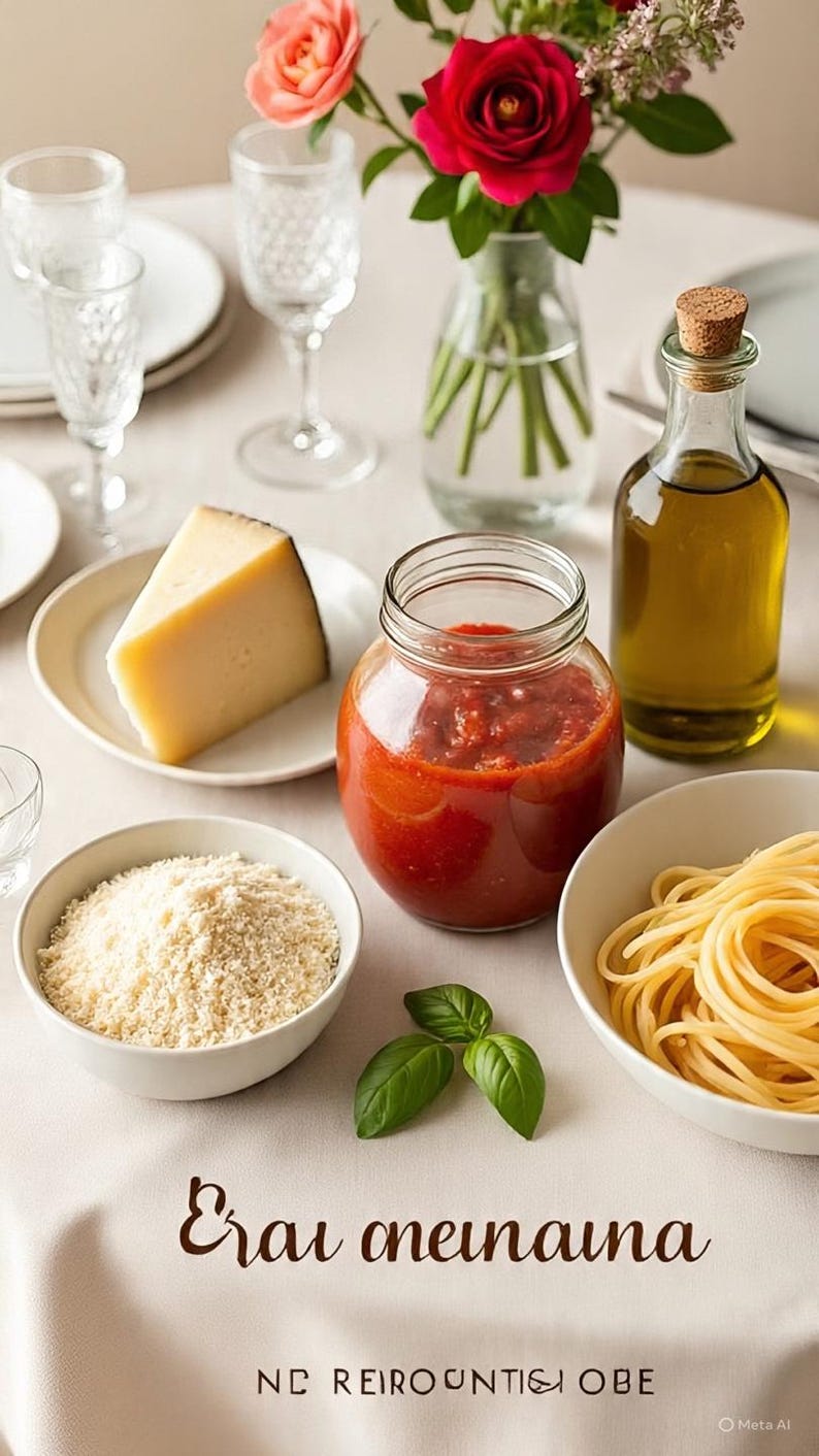 May include: A table setting featuring a glass jar of red tomato sauce, a bowl of cooked spaghetti, a bowl of grated cheese, a wedge of hard cheese, a glass bottle of olive oil, and a vase with red and pink roses, with text reading Erav aneinauna.
