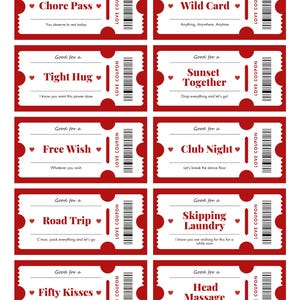 May include: A sheet of red and white love coupons offering experiences like a chore pass, tight hug, and wild card. Each coupon has a heart symbol and the words "Love Coupon."