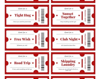 May include: A sheet of red and white love coupons with various offers, including a chore pass, tight hug, and wild card. Each coupon features a heart symbol and the words "Love Coupon."