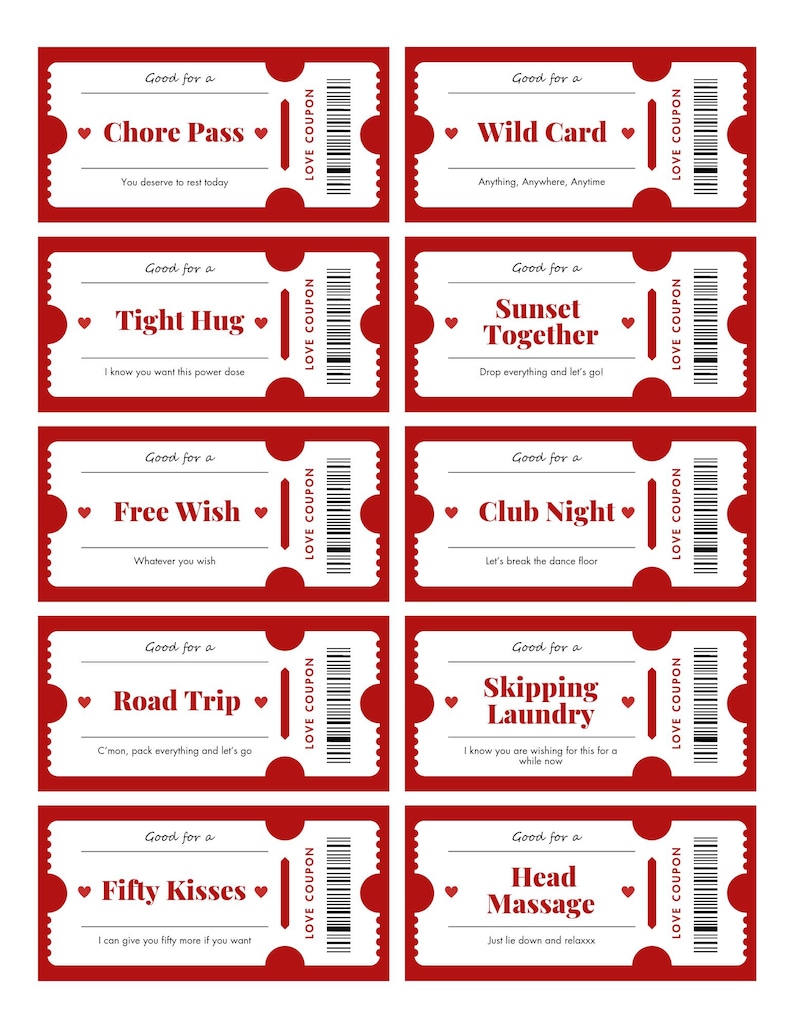 May include: A sheet of red and white love coupons offering experiences like a chore pass, tight hug, and wild card. Each coupon has a heart symbol and the words "Love Coupon."