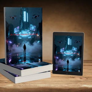 K&ouml;nnte beinhalten: Ein Stapel B&uuml;cher und ein Tablet, das eine futuristische Stadtlandschaft mit einer einzelnen Figur zeigt. Die Buchumschl&auml;ge und der Tablet-Bildschirm zeigen das gleiche Bild einer neonbeleuchteten Struktur, Drohnen und den Text "The Great Humanity's Fall".