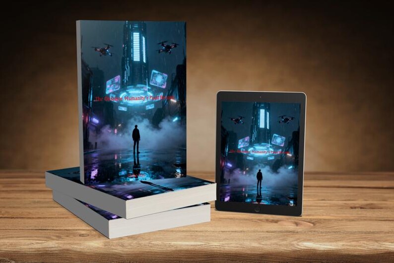 K&ouml;nnte beinhalten: Ein Stapel B&uuml;cher und ein Tablet, das eine futuristische Stadtlandschaft mit einer einzelnen Figur zeigt. Die Buchumschl&auml;ge und der Tablet-Bildschirm zeigen das gleiche Bild einer neonbeleuchteten Struktur, Drohnen und den Text "The Great Humanity's Fall".