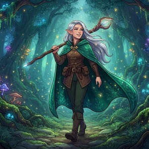 Peut inclure: Un personnage aux longs cheveux argent&eacute;s, aux oreilles pointues, portant une cape verte sur une tunique brune et un pantalon sombre, tenant un b&acirc;ton en bois avec un cristal brillant, marchant dans une for&ecirc;t de champignons bioluminescents.