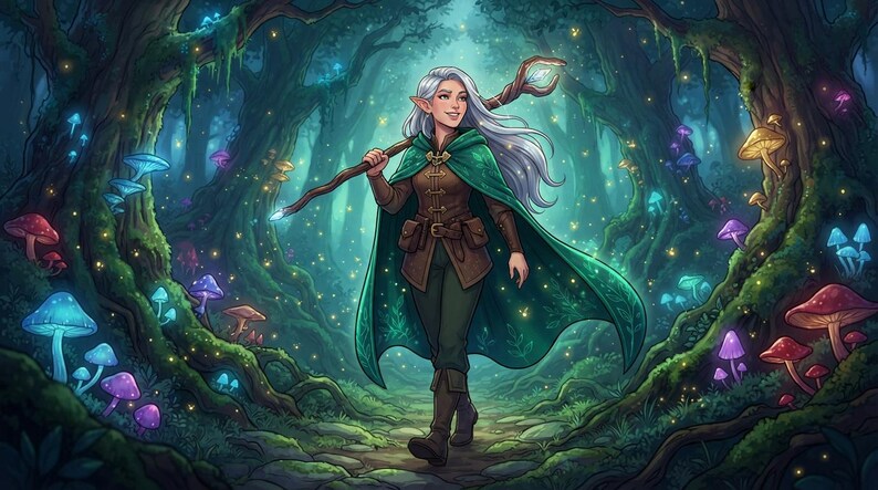 Peut inclure: Un personnage aux longs cheveux argent&eacute;s, aux oreilles pointues, portant une cape verte sur une tunique brune et un pantalon sombre, tenant un b&acirc;ton en bois avec un cristal brillant, marchant dans une for&ecirc;t de champignons bioluminescents.