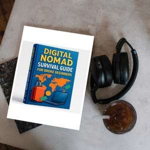Op de afbeelding: Een boek getiteld "Digital Nomad Survival Guide for Broke Beginners" met een blauwe kaft, een oranje wereldkaart en een koffer. Een zwarte koptelefoon, een glas ijskoffie en een witte beker zijn ook zichtbaar.