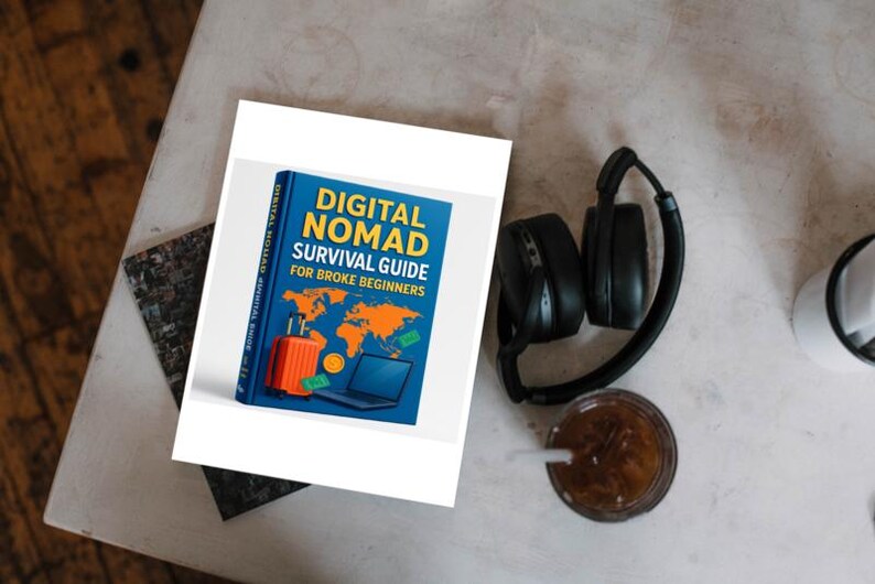 Op de afbeelding: Een boek getiteld "Digital Nomad Survival Guide for Broke Beginners" met een blauwe kaft, een oranje wereldkaart en een koffer. Een zwarte koptelefoon, een glas ijskoffie en een witte beker zijn ook zichtbaar.