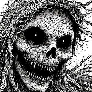 May include: A monochrome illustration of a skull with prominent teeth and hollow eye sockets. The skull is framed by a dense network of hair-like lines, producing a detailed and eerie image.