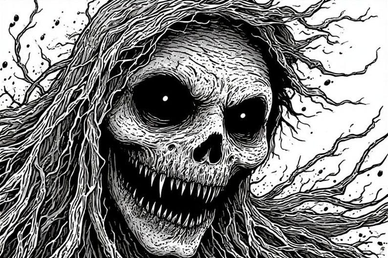 May include: A monochrome illustration of a skull with prominent teeth and hollow eye sockets. The skull is framed by a dense network of hair-like lines, producing a detailed and eerie image.