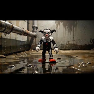 Op de afbeelding: Een klein clownfiguurtje met een wit gezicht, zwart haar en een brede, tandige grijns. Het figuur draagt een zwart-wit gestreepte outfit met een ruchekraag, rode knopen en rode schoenen, staand in een ondiepe plas water op de grond.