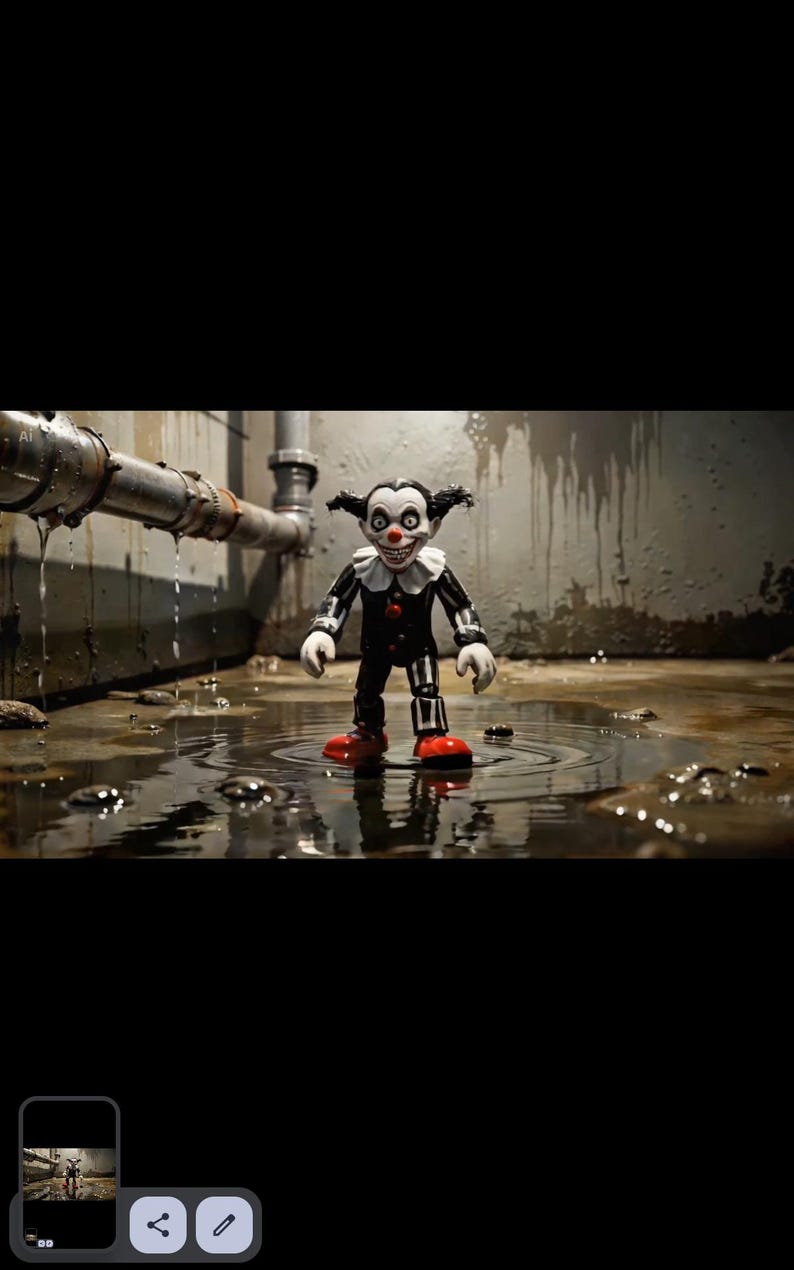 Op de afbeelding: Een klein clownfiguurtje met een wit gezicht, zwart haar en een brede, tandige grijns. Het figuur draagt een zwart-wit gestreepte outfit met een ruchekraag, rode knopen en rode schoenen, staand in een ondiepe plas water op de grond.