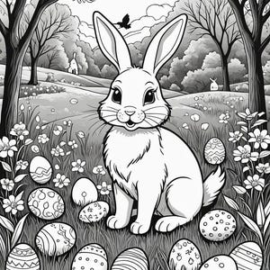 May include: A black and white illustration of a rabbit sitting in a field of grass with Easter eggs. The rabbit is smiling and has large ears. The eggs are decorated with different patterns.