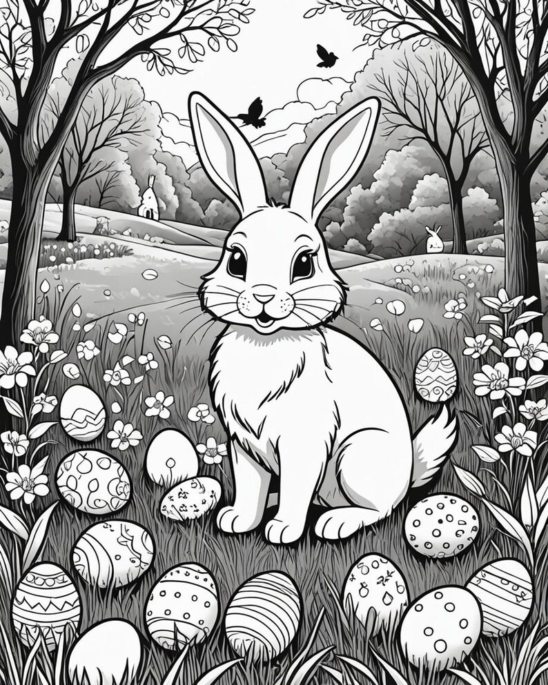 May include: A black and white illustration of a rabbit sitting in a field of grass with Easter eggs. The rabbit is smiling and has large ears. The eggs are decorated with different patterns.