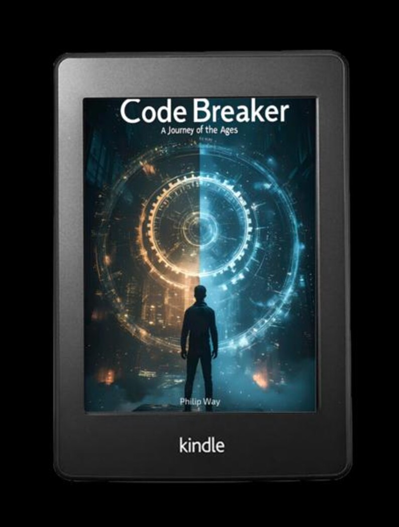 May include: A black Kindle e-reader displaying the book cover for "Code Breaker: A Journey of the Ages" by Philip Way. The cover art features a silhouetted figure standing before a split image of a futuristic cityscape and a glowing circular design. The Kindle logo is visible.