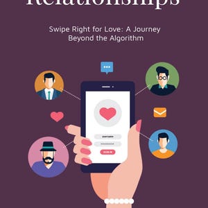 May include: Book cover with the title "Relationships" and the subtitle "Swipe Right for Love: A Journey Beyond the Algorithm." The image shows a hand holding a smartphone with a heart icon and user interface. Illustrations of people and icons surround the phone.