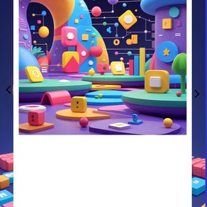 Pode incluir: Uma ilustra&ccedil;&atilde;o digital apresentando uma paisagem vibrante de formas geom&eacute;tricas 3D coloridas, incluindo esferas, cubos e plataformas em tons de amarelo, azul, rosa e verde, contra um fundo roxo escuro com linhas finas de conex&atilde;o.