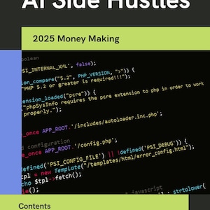 Op de afbeelding: Een screenshot van computercode met de tekst "Al Side Hustles 2025 Money Making" bovenaan de afbeelding. De code is geschreven in donkerblauw op een zwarte achtergrond. De code bevat de tekst "SI_INTERNAL_XML", "PHP_VERSION", "pcre", "APP_ROOT", "PSI_CONFIG_FILE", "PSI_DEBUG" en "error_config.html".