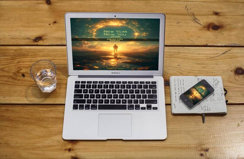 Może przedstawiać: Srebrny laptop wyświetla obraz zachodu słońca z tekstem "NEW YEAR NEW YOU 2020". Smartfon, notatnik i szklanka wody leżą na drewnianej powierzchni. Klawiatura laptopa jest czarna.