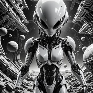 Pu&ograve; includere: Immagine in bianco e nero di una figura umanoide aliena futuristica. La figura ha un casco e un'armatura bianchi, con una struttura meccanica dettagliata. Lo sfondo presenta una stazione spaziale e pianeti, creando un tema di fantascienza.